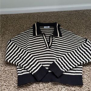 525 America Black and White Striped Knit Polo